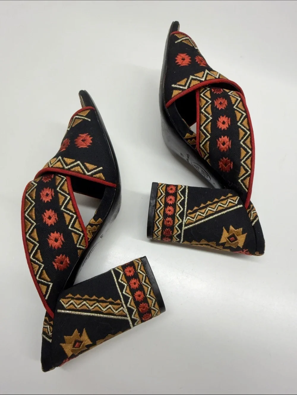 Ash Adel Mule Sandals High Heel Shoes Open Toe Geometric Embroidered Black 9